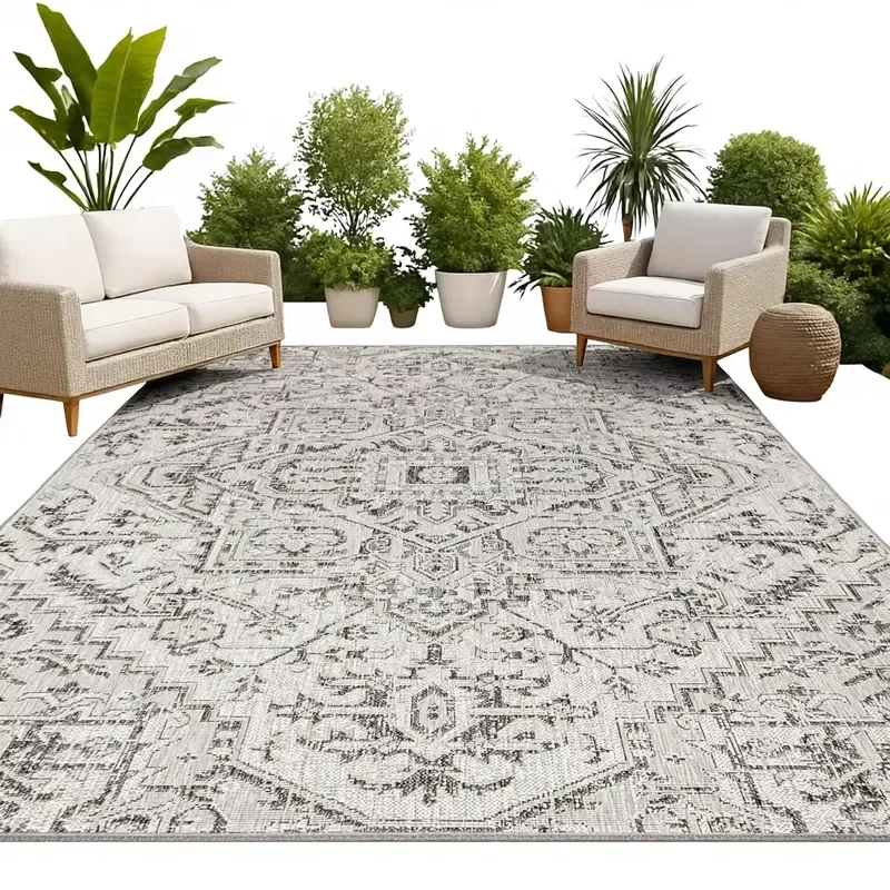 Indoor/Outdoor Polypropylene Medium Pile Area Rug Machine Made Black/Gray Textured Easy-Cleaning High Traffic Anti-Slip