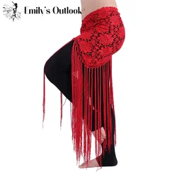 Rose Flower Belt Long Fringe Hand Crochet Triangle Belt Belly Dance Hip Scarf Lace Wrap Skirt Professional Dancewear White Black