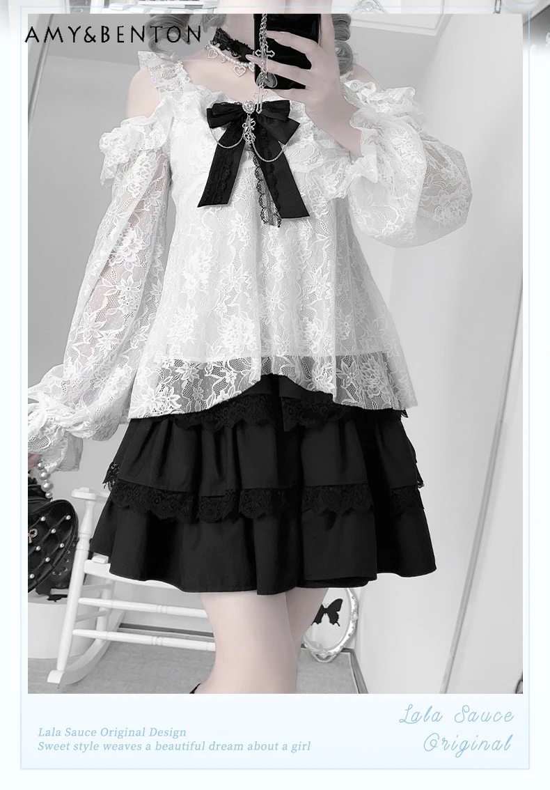 Sweetheart Girl Daily Lolita ชุดกระโปรงฤดูร้อนญี่ปุ่น Mine Off-ไหล่ลูกไม้แขนยาวโบว์เสื้อกระโปรงมินิชุด 2 ชิ้น