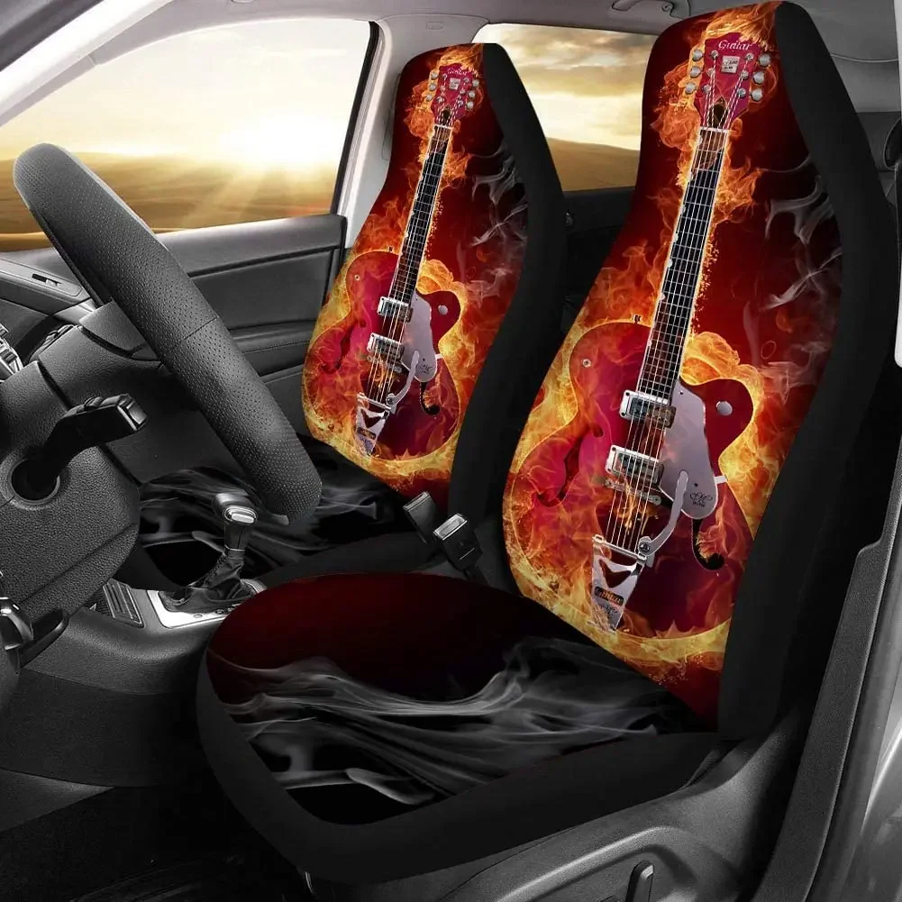 Fire Guitar Fabric Front Seat Covers Bohemia Design Car Interior Protector Set of 2 Universal Fit for Vehicle Sedan and Jeep