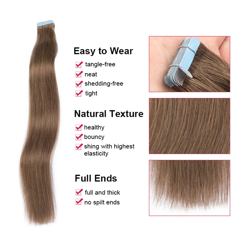 Fita reta em extensões de cabelo, cabelo humano, trama natural da pele sem costura, adesivo dupla face, substituível, 40g