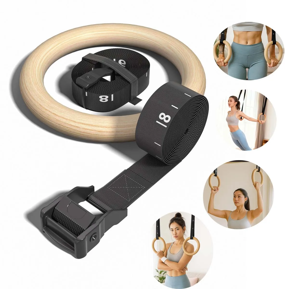 Adjustable Wood Gymnastics Rings 28mm 32mm Double-Layer Numbered Straps Locked Carabiners Body Exercise Full Body Workout Rings