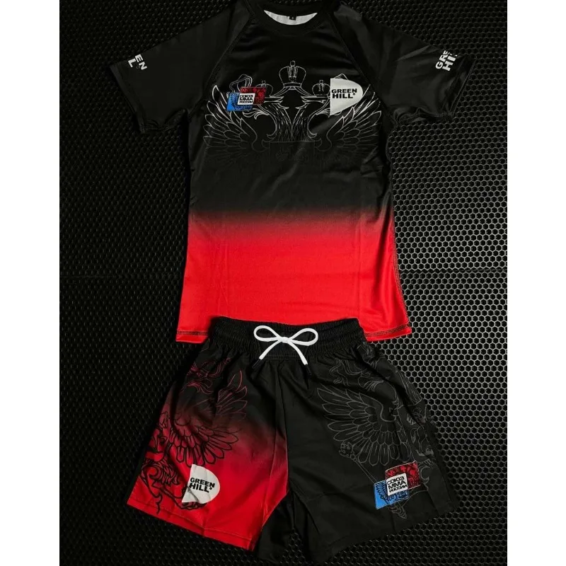 Ensemble de sport tendance style russe 2026 – Dégradé noir et rouge, séchage rapide, respirant, tenue d'entraînement, short de combat, ensemble deux pièces