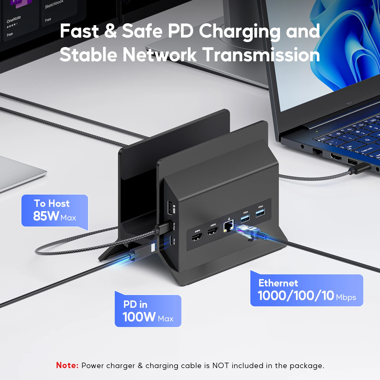 Stacja dokująca PULWTOP USB C z podwójnym monitorem do laptopów typu C, z HDMI 4K@60Hz, USB A/C 10Gbps, Ethernet, USB A 2.0, PD-czarny