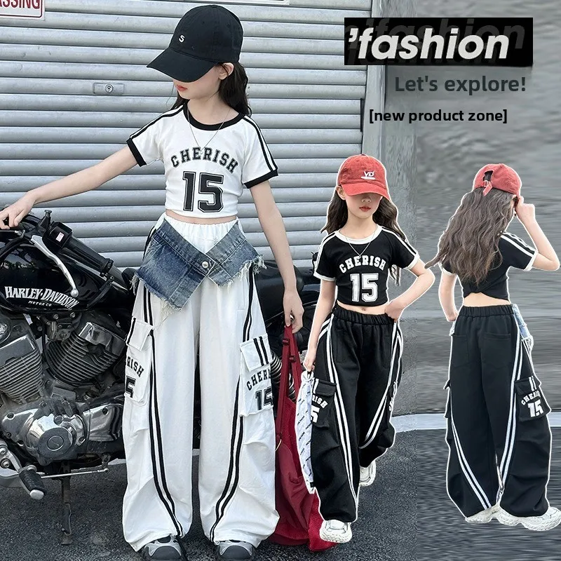 

2026 Girls Jazz Dance Set, Big Kids Internet celebrity Viral Denim Corset & Floor-Length Pants