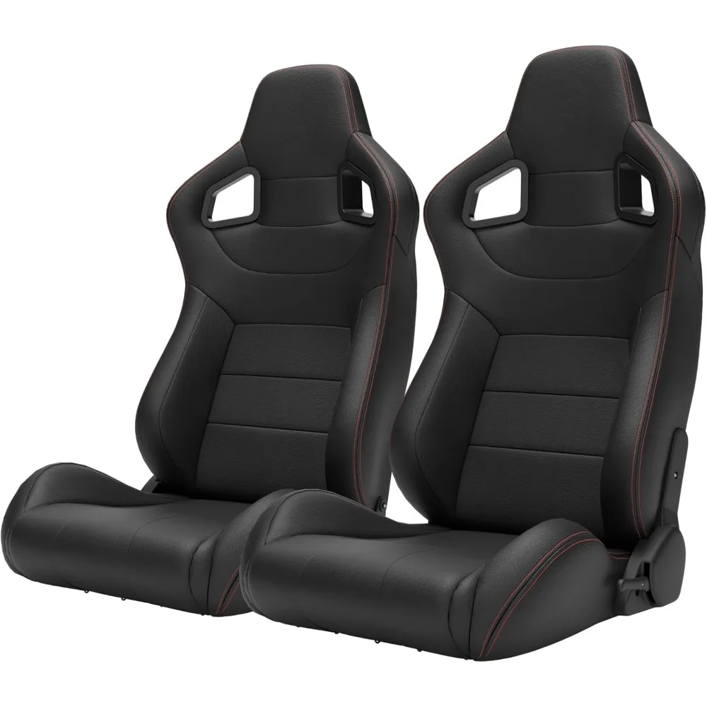 قطعتان من مقاعد السباق العالمية مع مزلقات بقفل مزدوج، زوج واحد من مقاعد الدلو المصنوعة من الجلد PVC للسيارات (أسود) #1