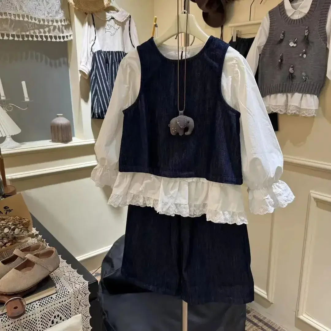 Girls 3 pcs Clothing Set Korean Style Spring Autumn Lace Shirt Denim Vest Pants Three-piece Set Children's Outfit