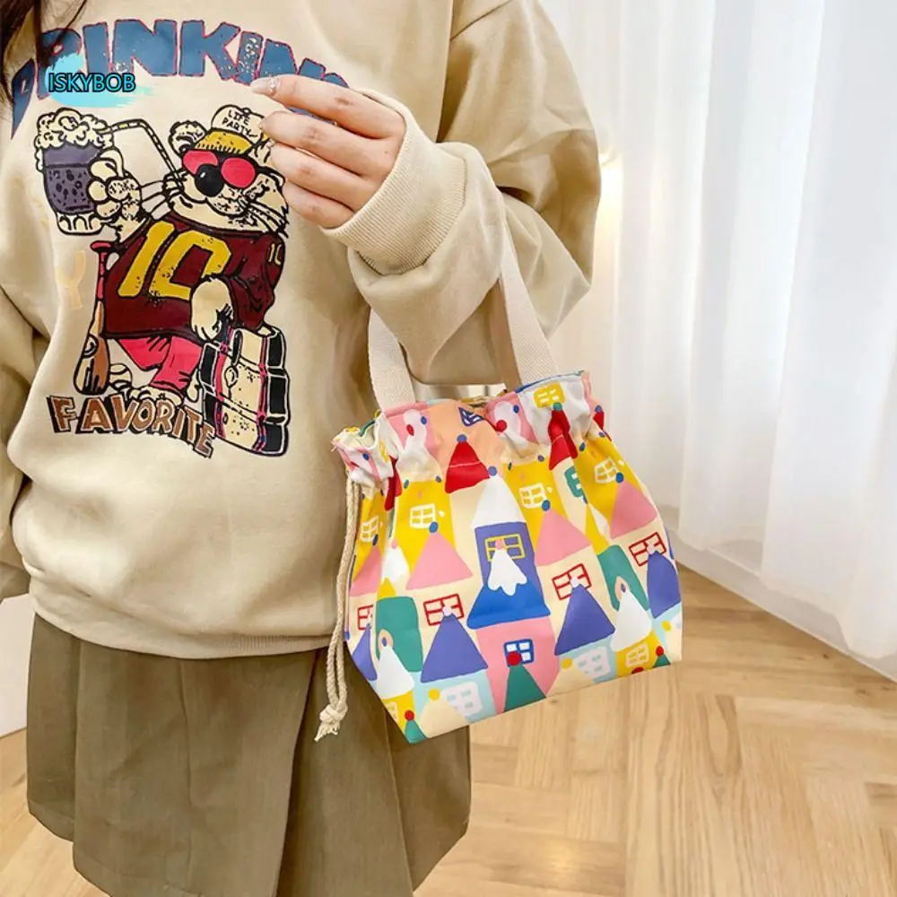 

Portable Flower Drawstring Bag Print Handheld Canvas Bucket Bag Tote Bag Cartoon Knot Wrist Bag Travel