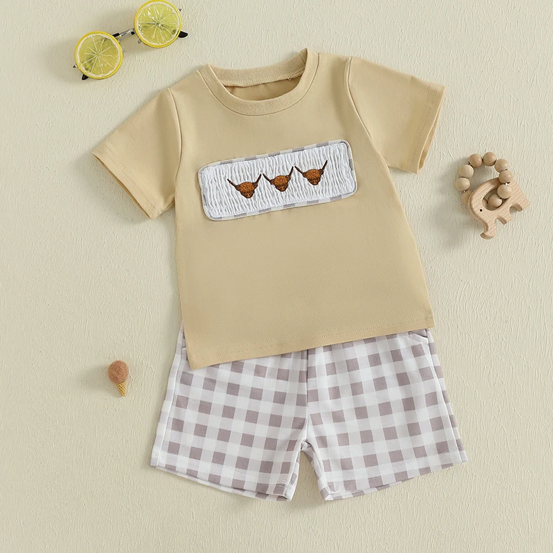 Toddler Boy Summer Outfits Bull Head Embroidery Short Sleeve Round Neck T-Shirts with Elastic Waist Plaid Shorts