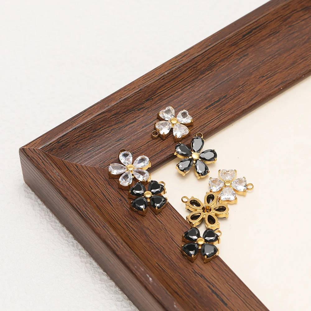 3Pcs Stainless Steel Heart Flower Charms Zirconia Petal Pendant for DIY Cute Necklace Bracelet Earrings Jewelry Making Wholesale