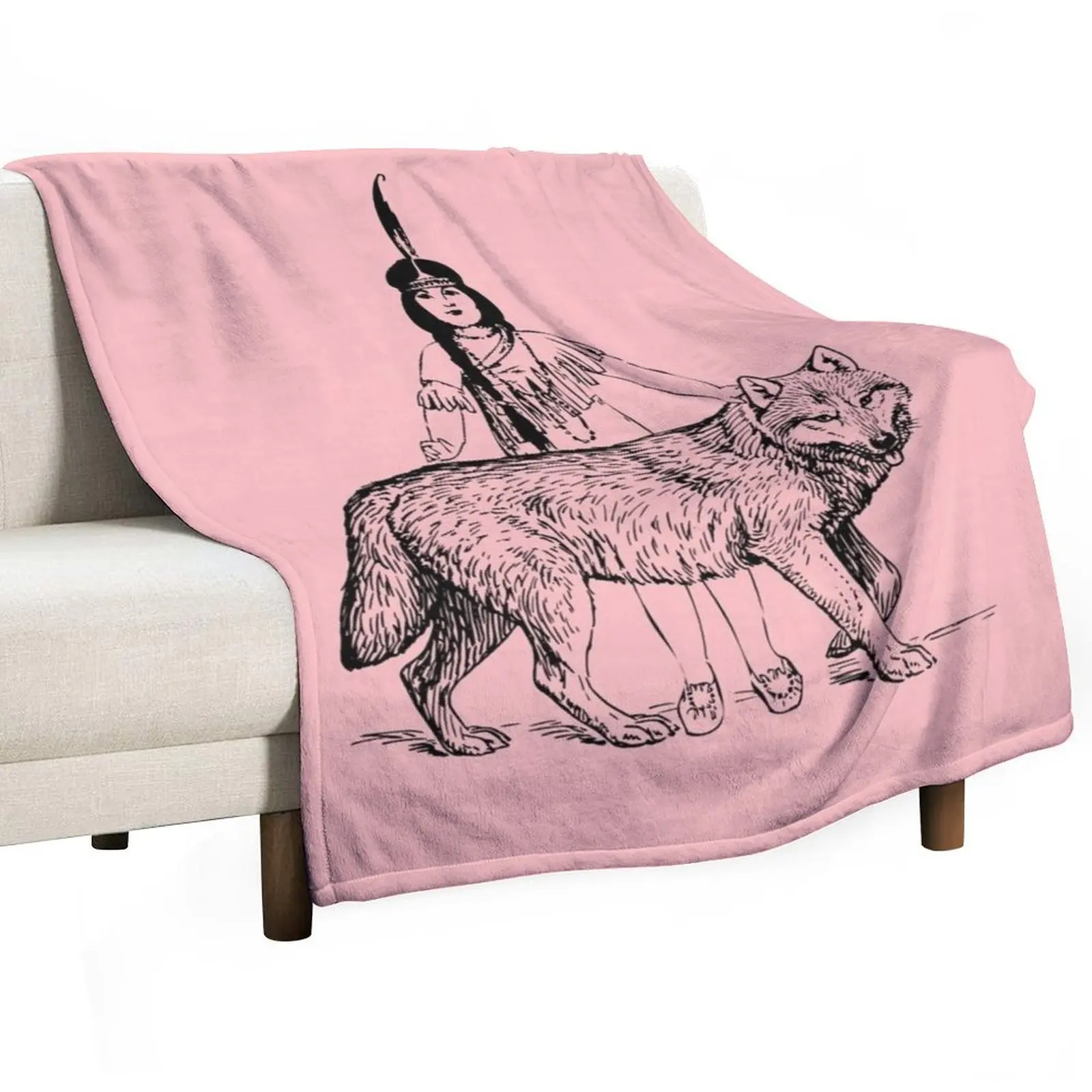 فتاة أمريكية أصلية مع ذئبها رمي بطانية لطيف منقوشة بياضات سرير أسرة شتوية بطانيات أريكة عملاقة