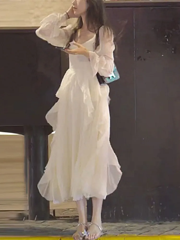 

Elegant White Long Sleeve Women's Dress Spring Summer 2026 New Arrival Fairy Tale Forest System Style Crystal Xuan Brand