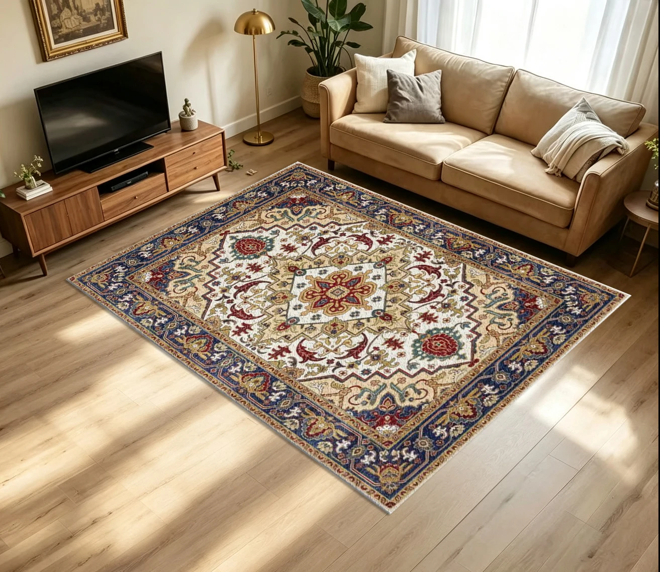 Blue Red Cream Classic Oriental Medallion Area Rug Vintage Ethnic Carpet Flooring Living Room Floor Rug