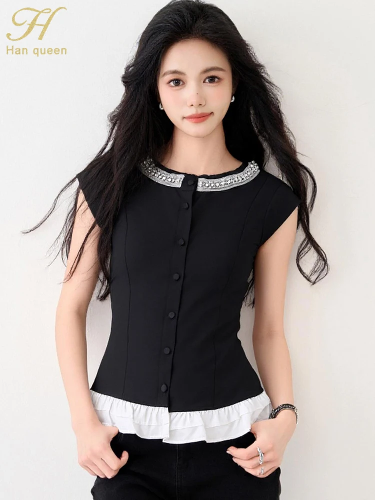 

H Han Queen Summer Blouses Elegant Contrasting Diamond Vintage Simple Elegant Chiffon Blouse Women Short Sleeve Chic Casual Tops