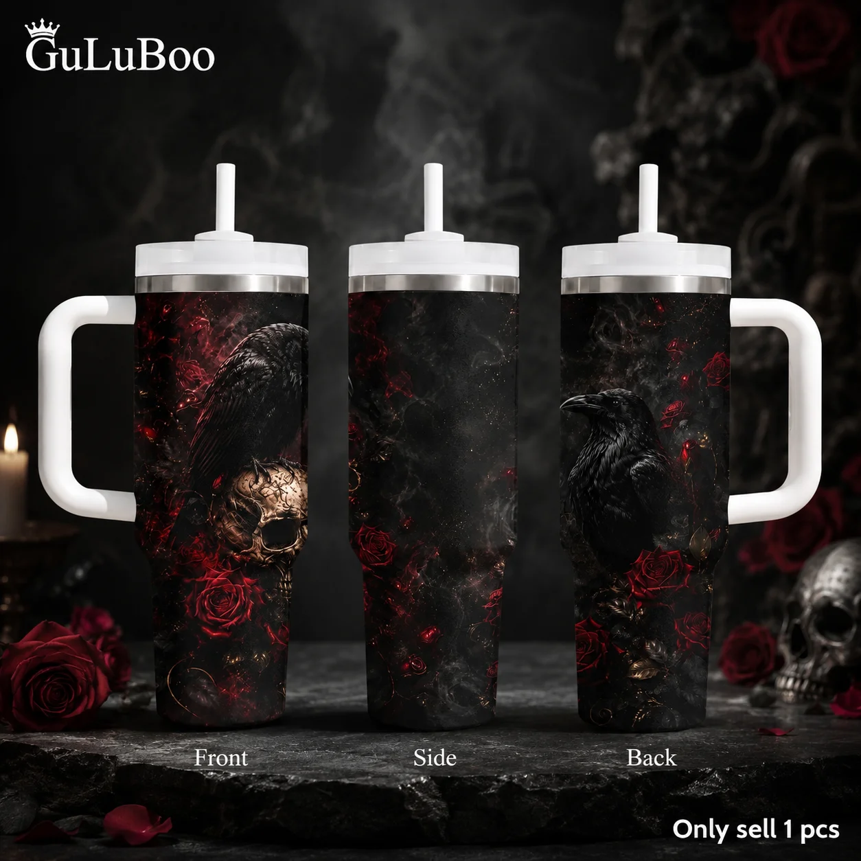Gothic Raven Skull Red Roses Vacuum Flasks 40oz Stainless Steel Insulated Tumbler With Handle & Straw Leakproof Travel Mug
