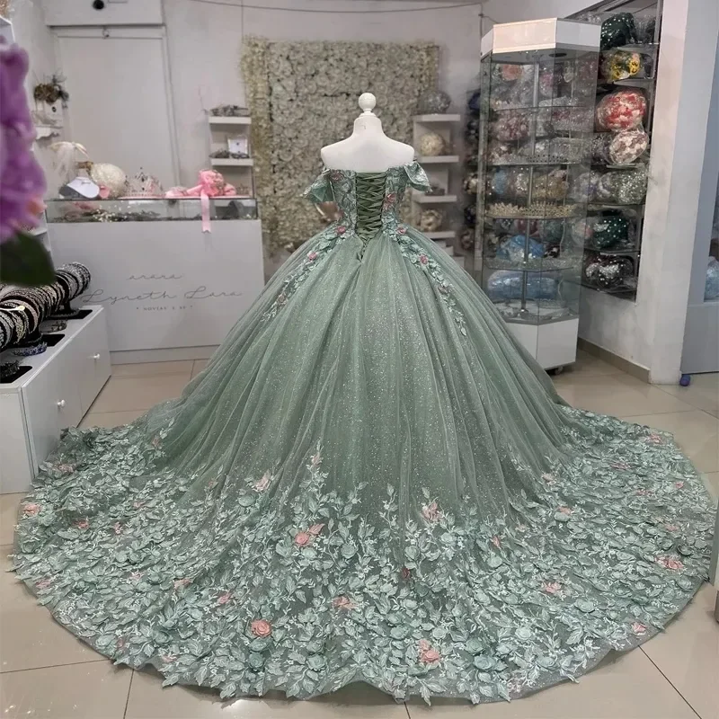 Floral Mint Green Robe De Quinceanera Pretty Flowers Appliques Sweetheart Off The Shoulder Tull Corset Ball Gown Customized