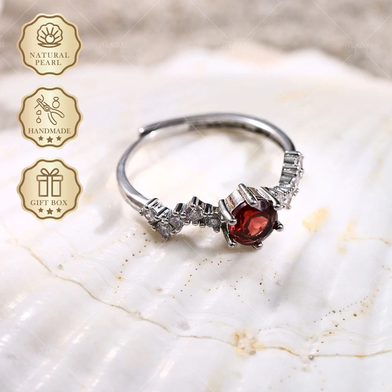 MYSOYA Silver-Plated Wave Ring with Natural Garnet, 6mm Garnet 0.99ct, Gift Box Included, January Birthstone SC37