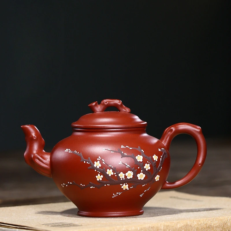 

Chinese Style Plum Blossom Pattern Teapot, Purple Clay Raw ore Dahongpao, Kung Fu Household, Handmade, 230ml Pot, New, 1Pc