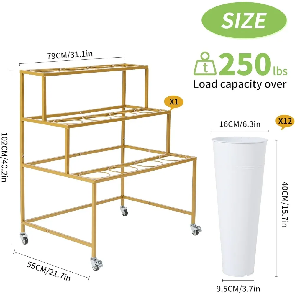 عربة زهور معدنية ثلاثية الطبقات مع 360 درجة ° عجلات دوارة وفرامل، دلو حديدي متضمن لعرض الزهور #2