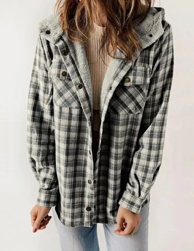 سترة نسائية لخريف وشتاء 2025 ذات مربعات وأكمام طويلة وغطاء للرأس مع جيوب #1