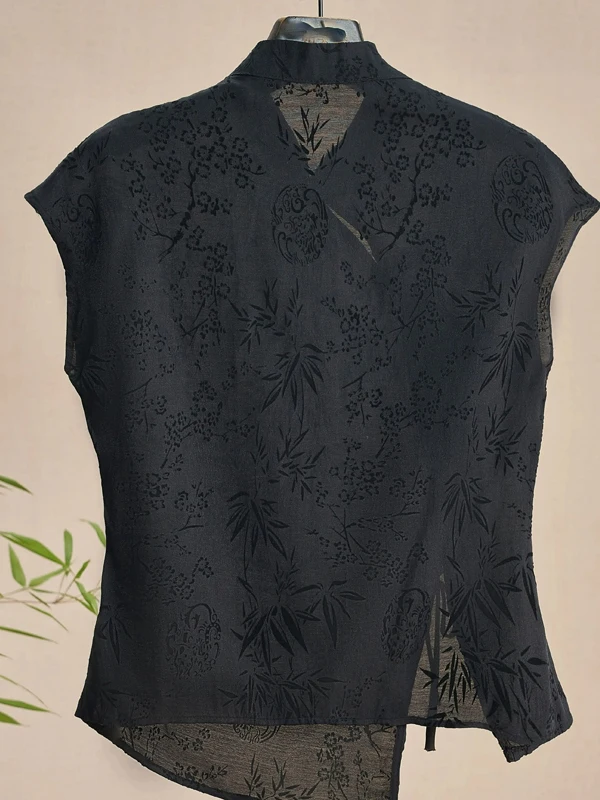 

New Chinese Sle Bla Floral Embroidery ort Sve Retro irt Women's Summer Top Commute Sle Slim Fit Pure Color