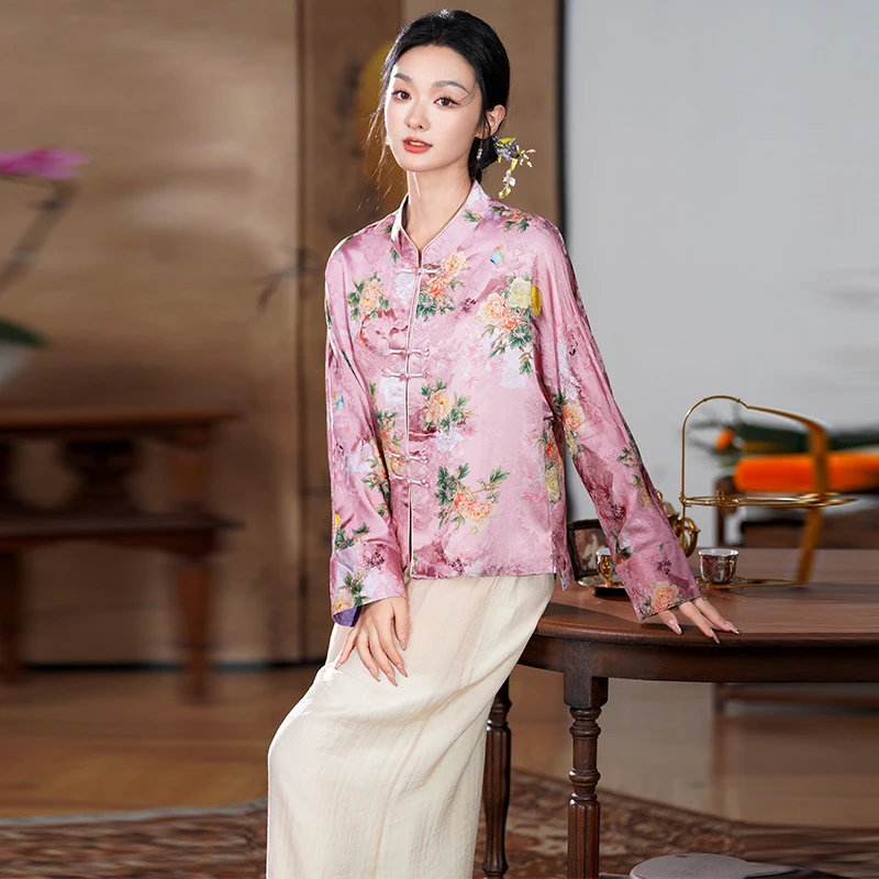 قميص أرجواني بأزرار كلاسيكية على الطراز الصيني، قميص بأكمام طويلة، ملابس صينية تقليدية للنساء