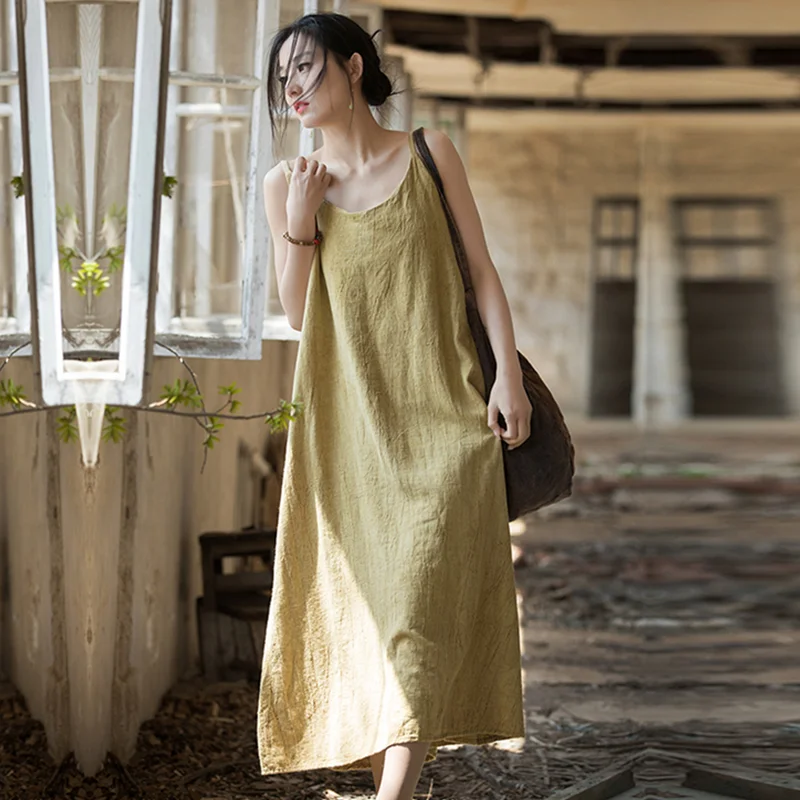 

Sleeveless Dress Long-Length Literature and Art Retro Spring Summer Cotton and Linen Loose Thin National Style