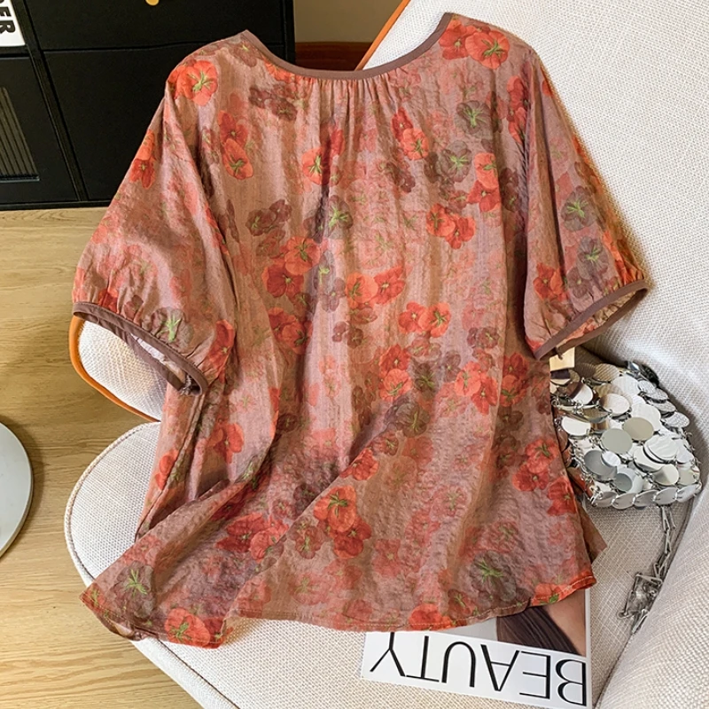 2024 Summer New Personalized Design Thin Pullover Printed Shirt Loose Vintage Cotton and Hemp National Style Fashion Button Top