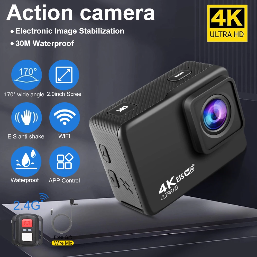 

4K 60FPS Action Camera 24MP 2" IPS LCD Screen 30M Waterproof WiFi Sports Camera Motorcycles Helmet Video Anti-Shake Action Cam