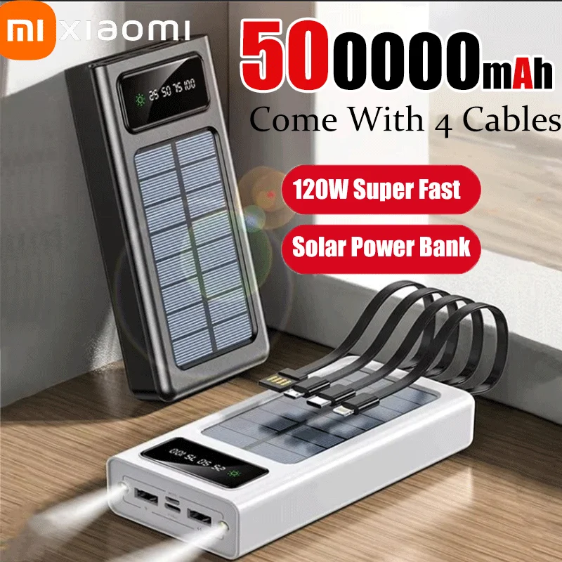 بنك الطاقة الشمسية Xiaomi بقدرة 500000 مللي أمبير في الساعة، بطارية شحن سريع للطاقة المتنقلة بسعة كبيرة مع كابلات USB مزدوجة لهاتف iPhone وSamsung