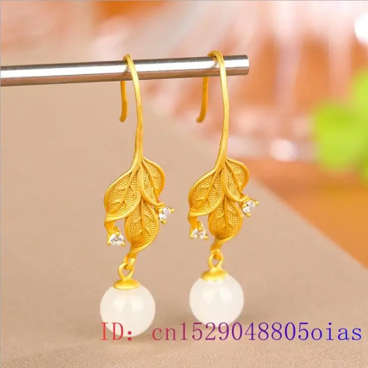 White Jade Leaf Earrings Natural Gifts Amulet Crystal Fashion Chalcedony Women 925 Silver Zircon Jewelry Charm Gemstone