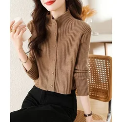 2023 Autumn and Winter Fashionable Temperament Simple Stand Collar Lazy Style Knit Short Sleeved Solid Color Cardigan Sweater