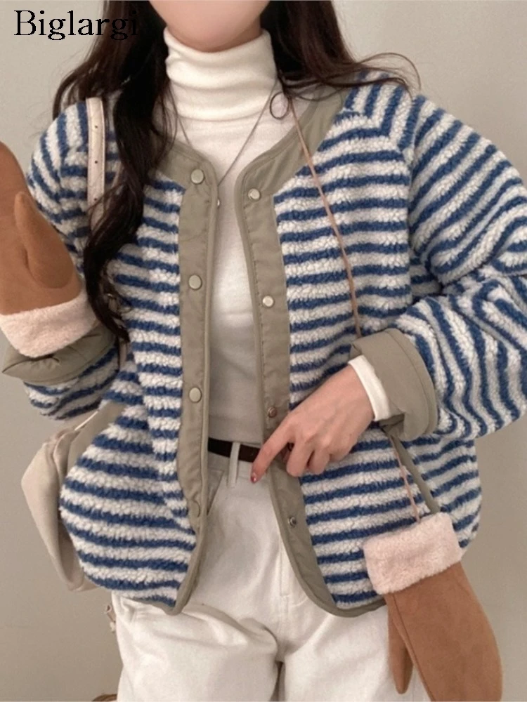 

Autumn Winter Reversible Lambswool Coat Women Striped Print Fashion Loose Ladies Jackets Korean Style Long Sleeve Woman Coats