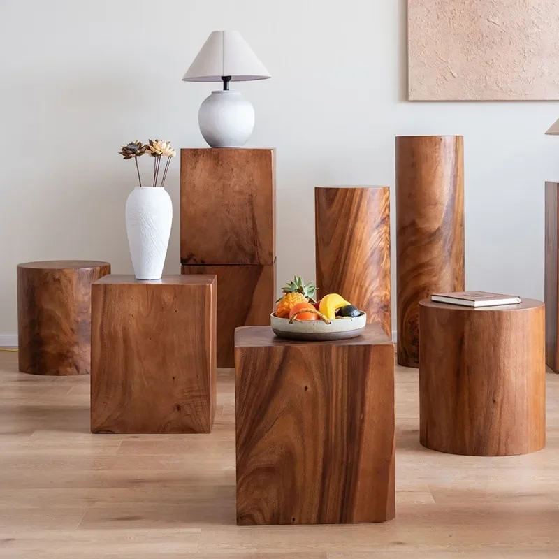 Solid Wood Corner Flower Stand Walnut Base Side Table for Sofa B&B Hotel Ornament Display Shelf Log Pile Design Small Stool