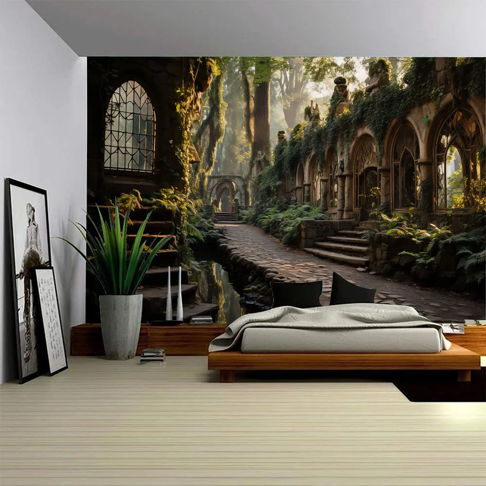 Vintage Architectural Landscape Tapestry Wall Hanging Dream Forest Background Poster Fabric Mural for Living Room Bedroom Decora
