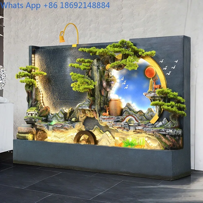 Large Water Curtain Wall Rockery Water Fountain Living Room Wealth-Attracting Fish Tank Ornament