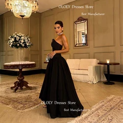 OLOEY Vintange Black Satin Strapless Evening Dresses Pleated A Line Asymmetrical Party Dress Floor Length Custom Prom Gowns