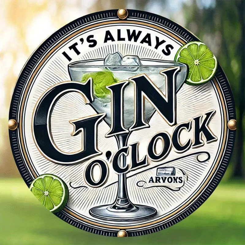 Retro-Schild „It'S Always Gin O'Clock“, 20,3 cm großes rundes Holzschild – eine klassische Bardekoration für Häuser, Wände oder Garagen
