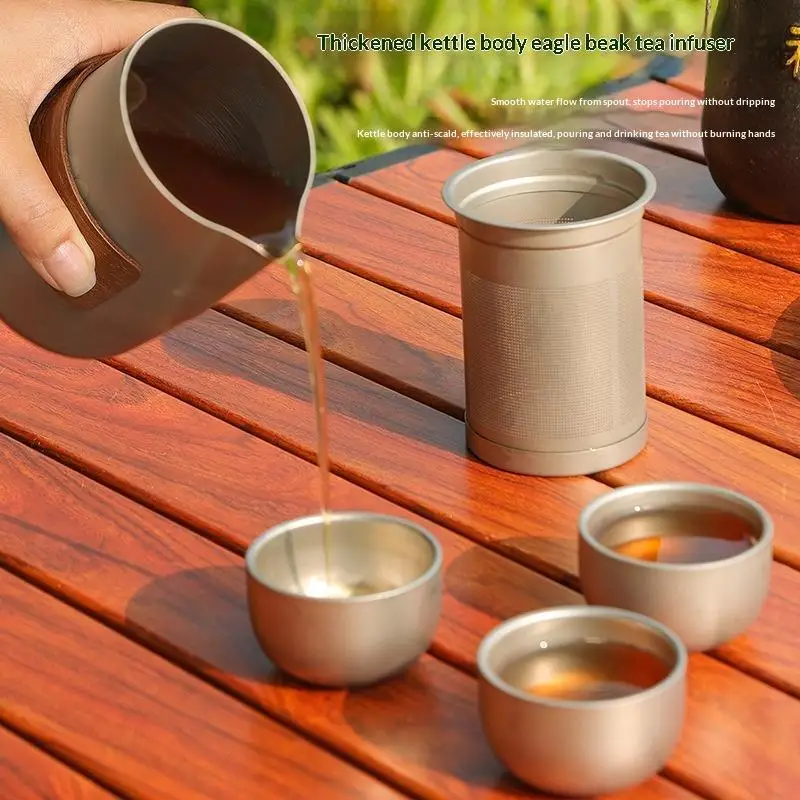 Titanium-plated Stainless Steel Portable Travel Tea Set Including Teapot And Three Tea Cups Lightweight Outdoor Camping