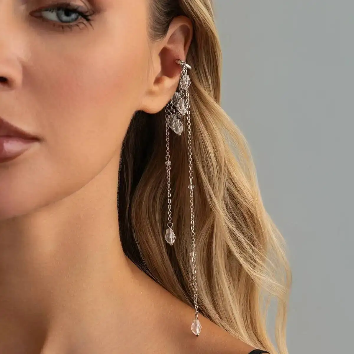 SHIXIN Exquisite Long Tassel Chain Ear Clip Temperament Crystal Metal Chain Clip Earring No Piercing Ear Cuff Jewelry Accessory