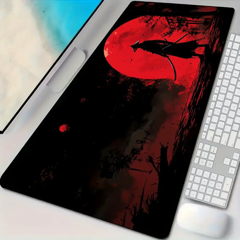 Red Full Moon Samurai Mouse Pad Desk Mat Large Computer Office Carpet XXL Mousepad Gamer Gaming PC Accessories Keyboard Rug