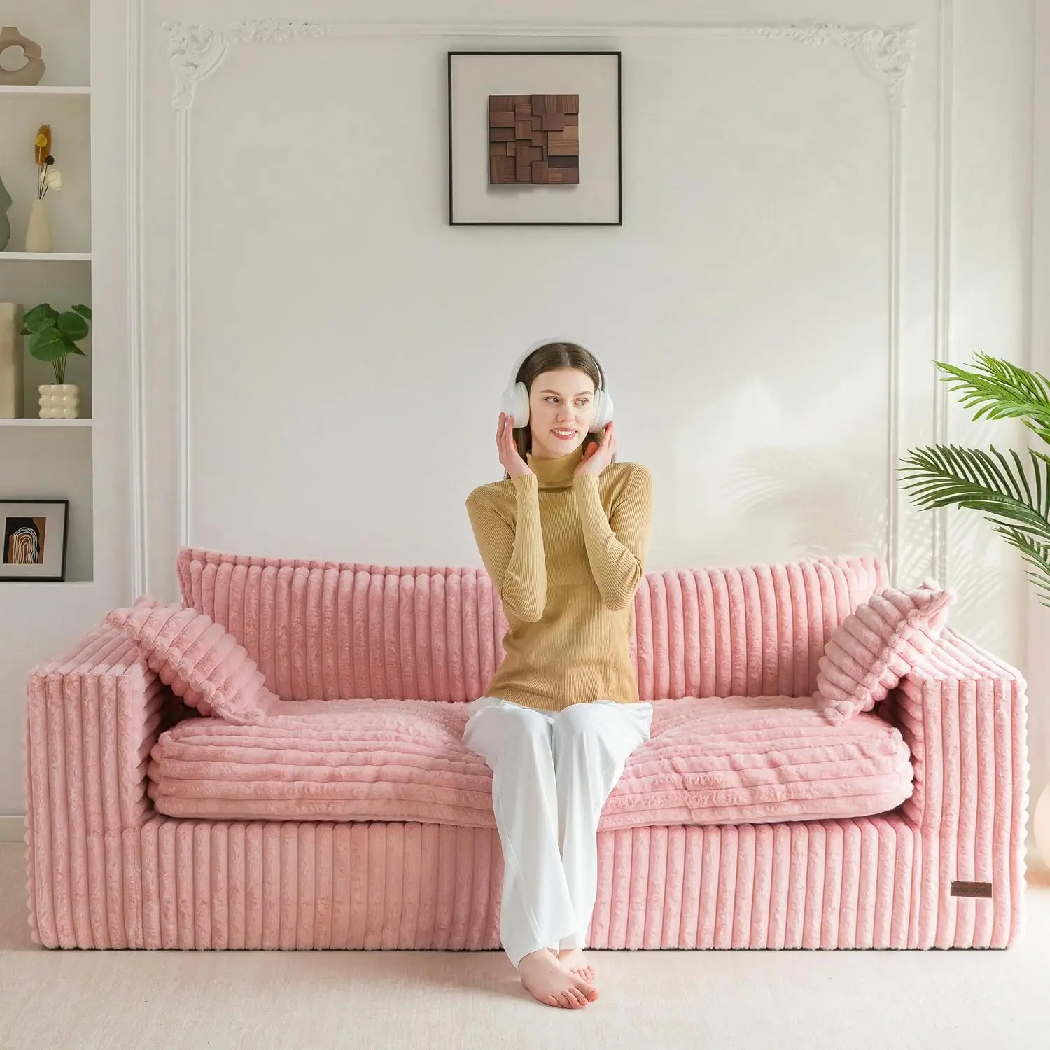 Oversized 3-Seater Sofa, 76 Inch Foam-filled Deep Seat No Assembly for Living Room & Apartment, Pink, Customized