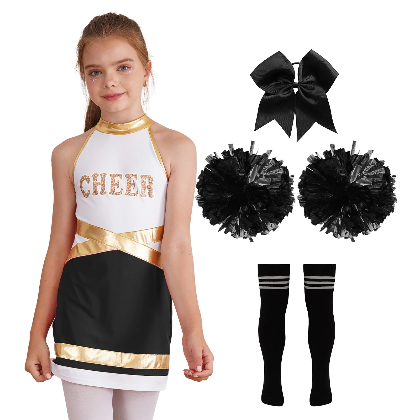 

Kids Girls Cheerleading Set Sleeveless Mock Neck Patchwork Dress with Bowknot Headwear And Knee High Stockings 2Pcs Flower Balls