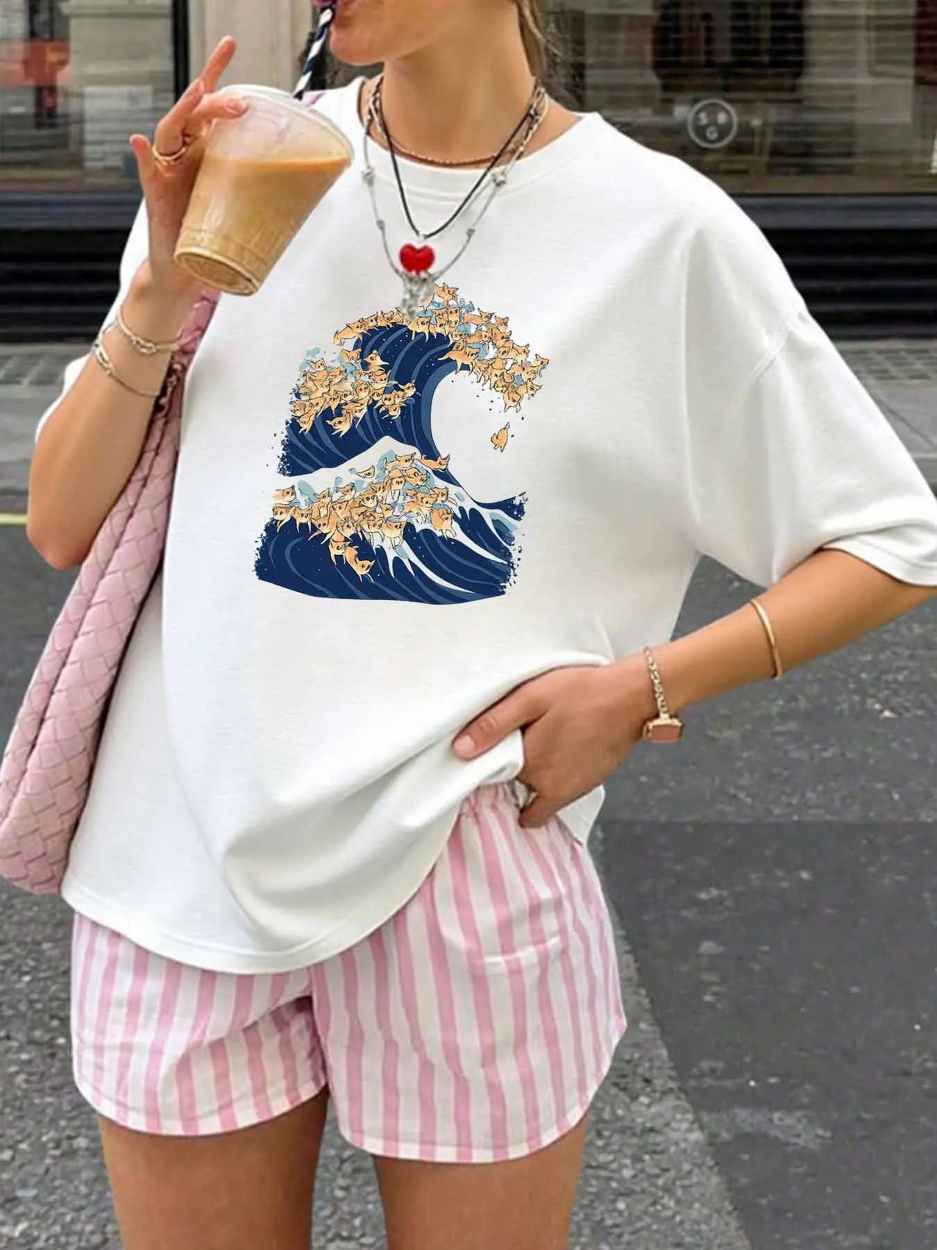 

【WY1314862】Женская футболка с круглым вырезом и мультяшным узором, модный топ с короткими рукавами и принтом, эластичная футболка