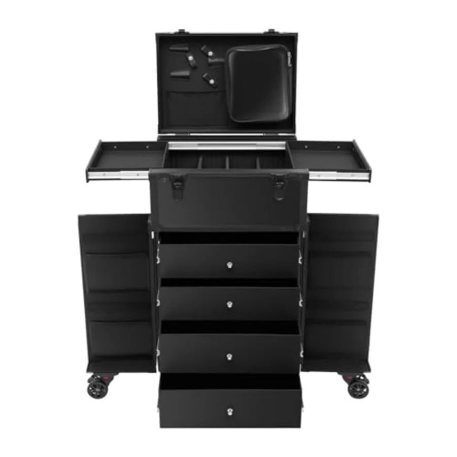 

Rolling makeup train case for salon technician workstation, ABS plastic, black, 4 drawers, 6 wheels, foldable, safety lock, mov