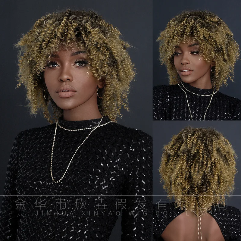 , European and American style for women, African curly hair, black afro wig, fluffy synthetic fiber headpiece