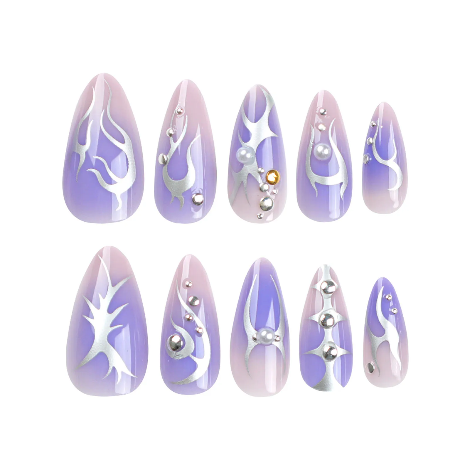 Silver Flame Decor Blush Purple Fake Nails Natural Unbreakable Nail Simple Wear for Women and Girl Nail Salon