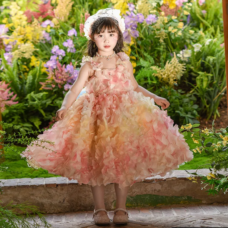 Luxury Rainbow Flower Girl Dress Sleeveless 3D Flowers for Kids Princess Wedding Pageant Birthday Party Ball Gown