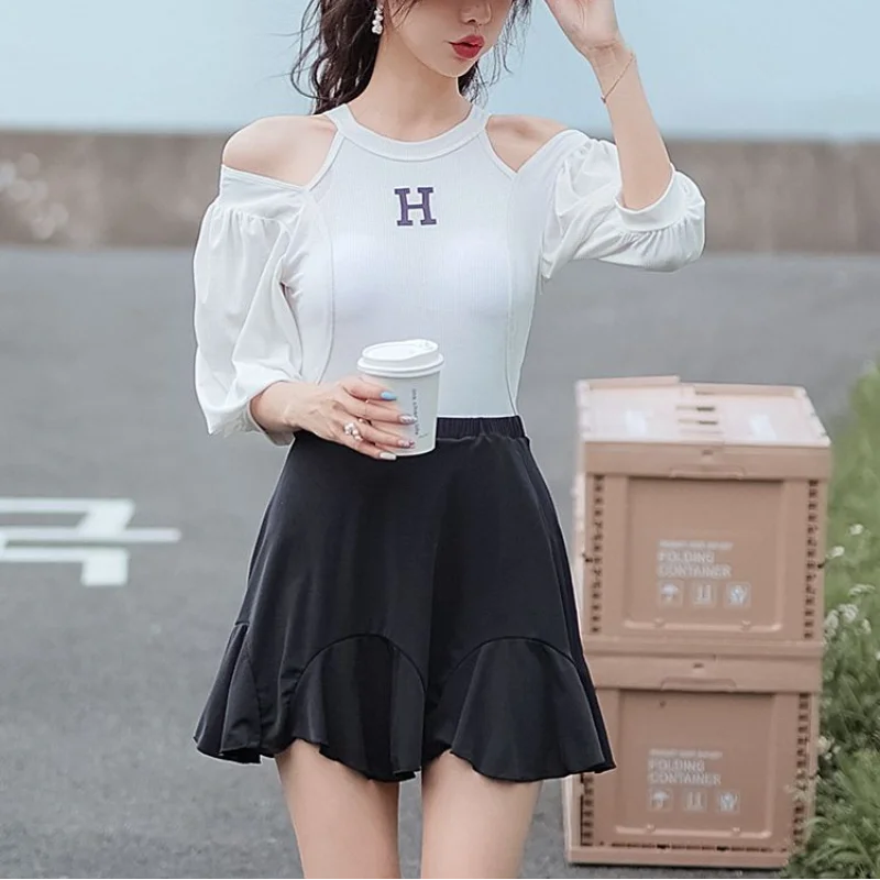 Summer New Casual Short Sleeve Women's Clothing Hollow Out Spliced Ruffles With Chest Pad Off Shoulder Conservative Swimwear