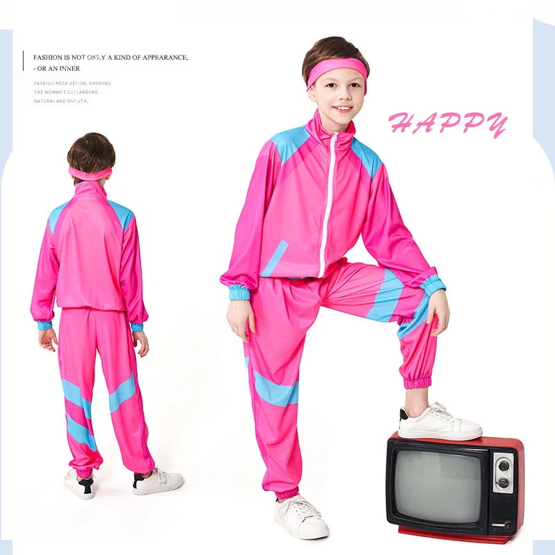 Traje de ropa deportiva para niños y niñas, traje Retro de Hip Hop de discoteca, Patchwork de manga larga, abrigo con cremallera, pantalones, novedad de los años 80 y 90